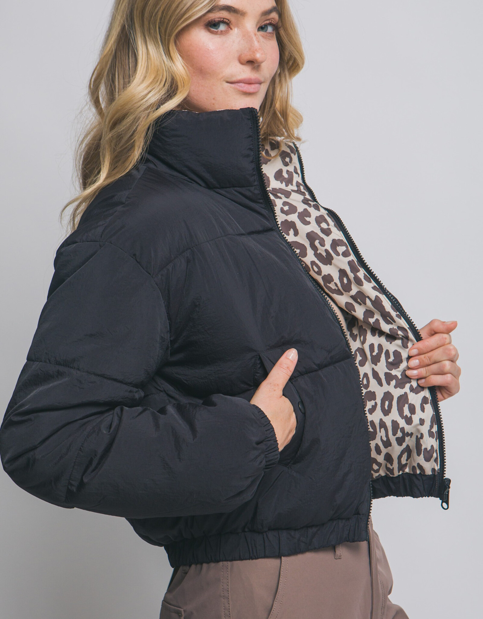 Miss Bliss LT Reversible Leopard Collar Puffer Jacket-Black/Print