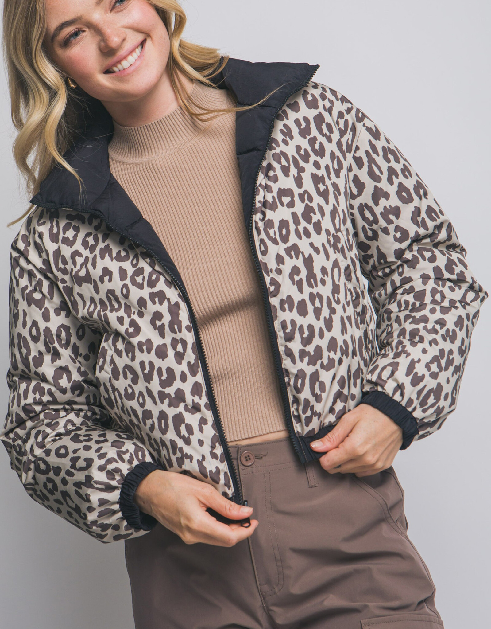 Miss Bliss LT Reversible Leopard Collar Puffer Jacket-Black/Print