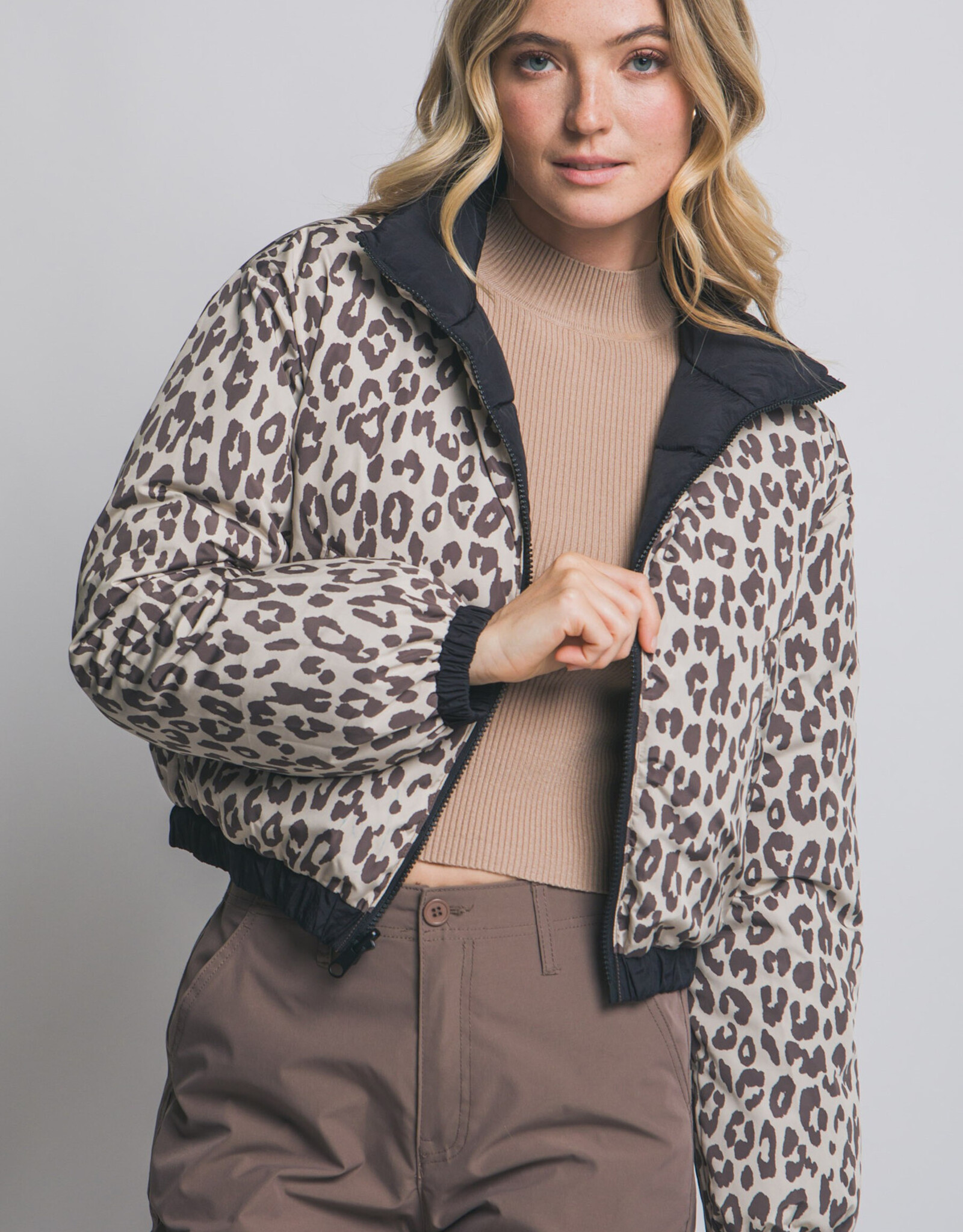 Miss Bliss LT Reversible Leopard Collar Puffer Jacket-Black/Print