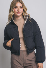 Miss Bliss LT Reversible Leopard Collar Puffer Jacket-Black/Print