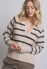 Miss Bliss LT V-neck Stripe Polo Sweater-Beige