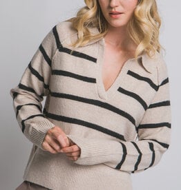 Miss Bliss V-neck Stripe Polo Sweater-Beige
