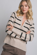 Miss Bliss LT V-neck Stripe Polo Sweater-Beige