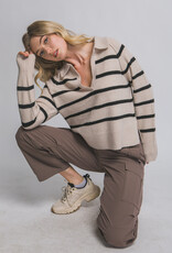 Miss Bliss LT V-neck Stripe Polo Sweater-Beige
