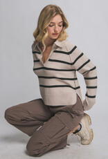 Miss Bliss LT V-neck Stripe Polo Sweater-Beige