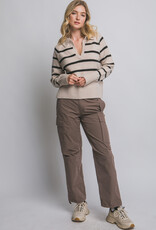 Miss Bliss LT V-neck Stripe Polo Sweater-Beige