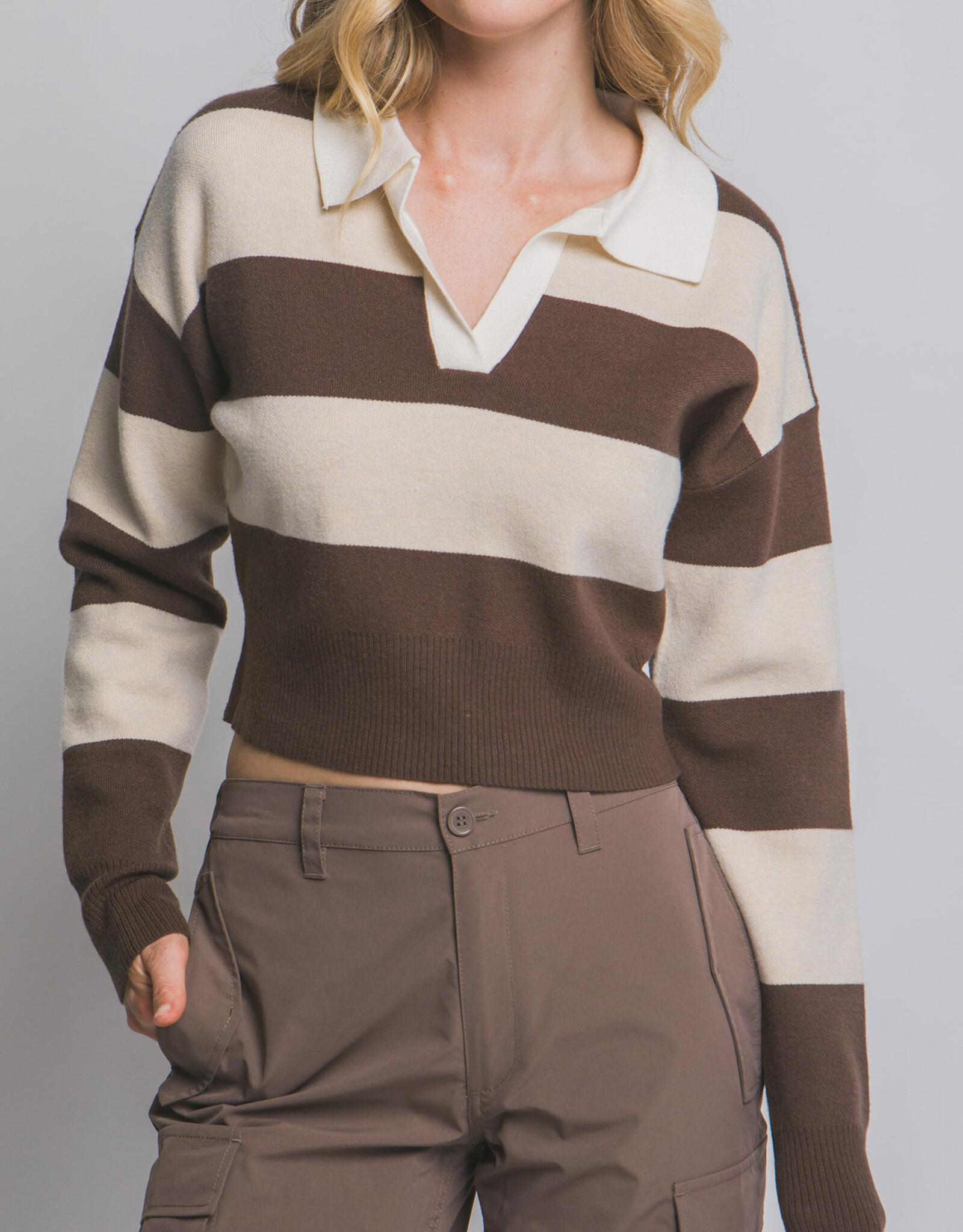Miss Bliss LT Stripe Polo Sweater-Brown/Beige