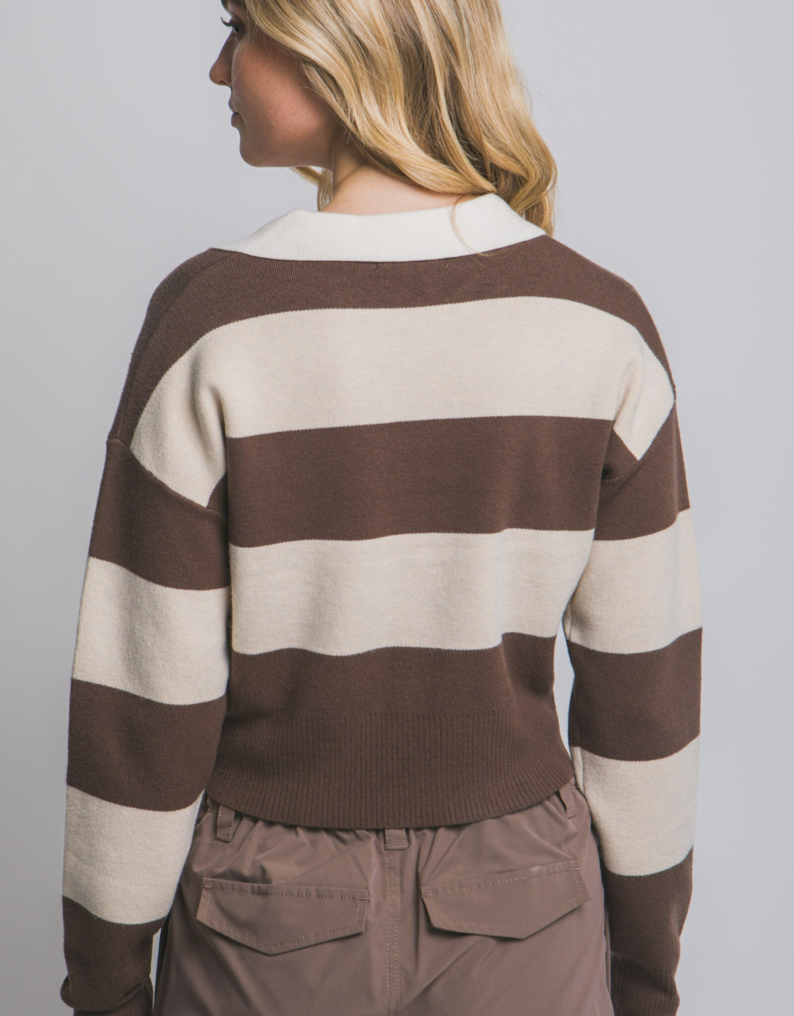 Miss Bliss LT Stripe Polo Sweater-Brown/Beige