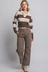 Miss Bliss LT Stripe Polo Sweater-Brown/Beige