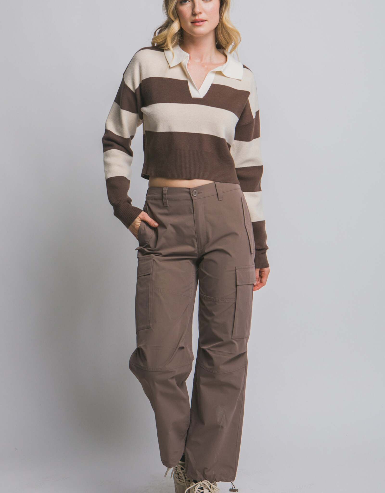 Miss Bliss LT Stripe Polo Sweater-Brown/Beige