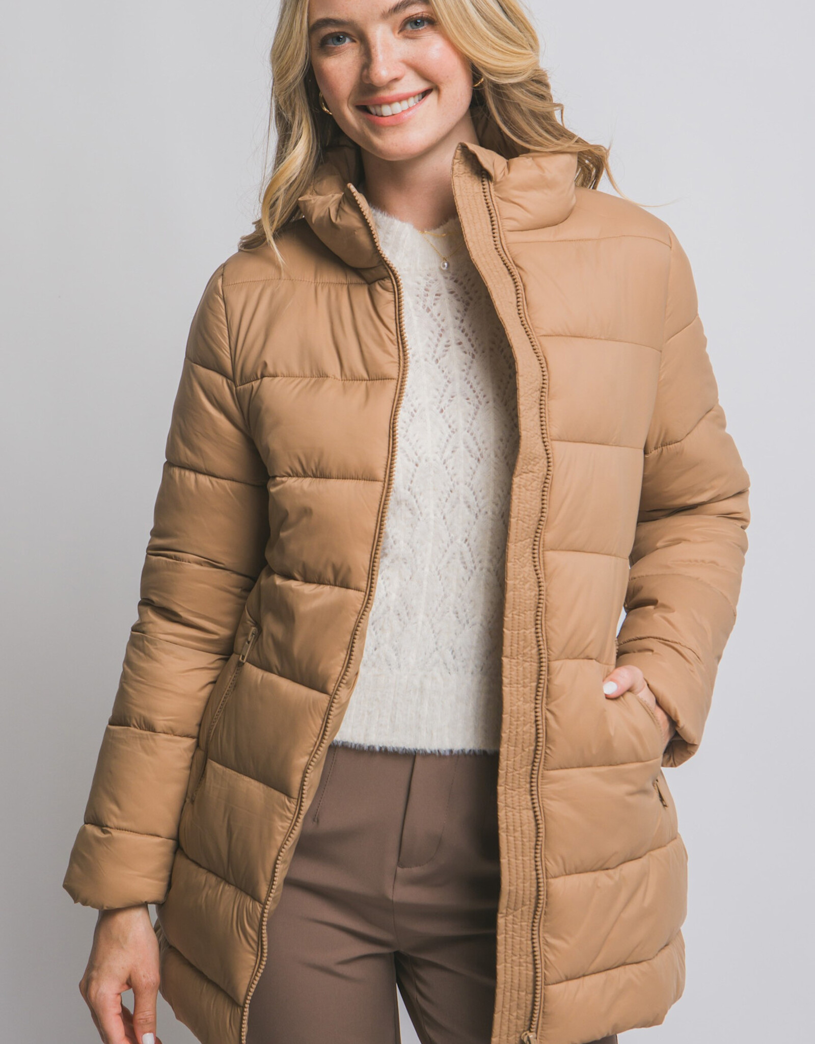 Miss Bliss LT Long Quilted Puffer Jacket-Camel
