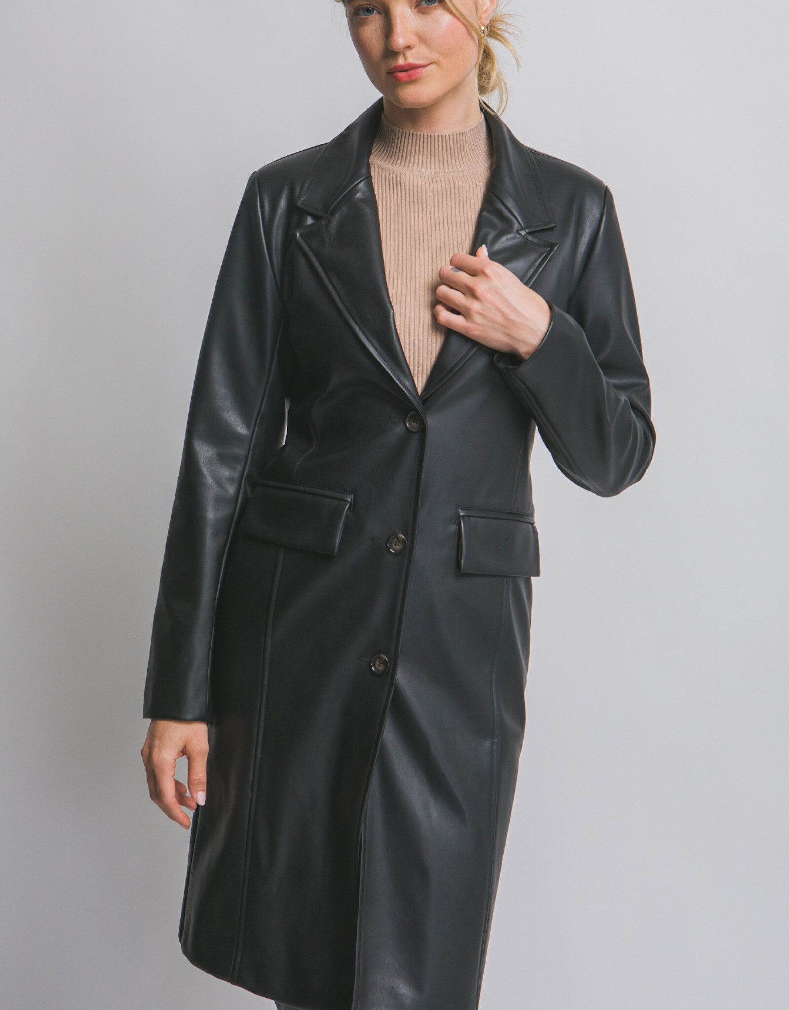 Miss Bliss LT Faux Leather Longline Coat-Black
