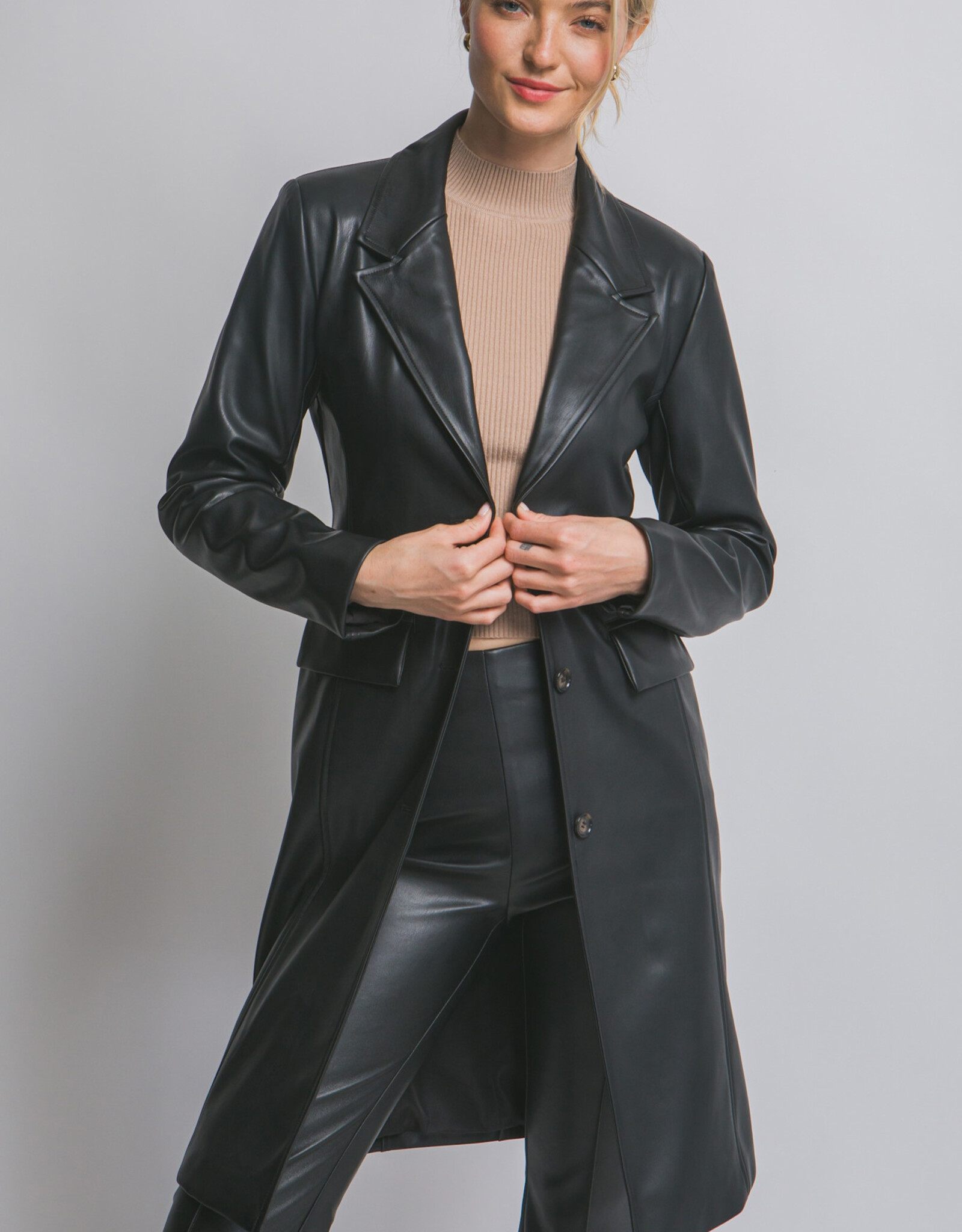 Miss Bliss LT Faux Leather Longline Coat-Black