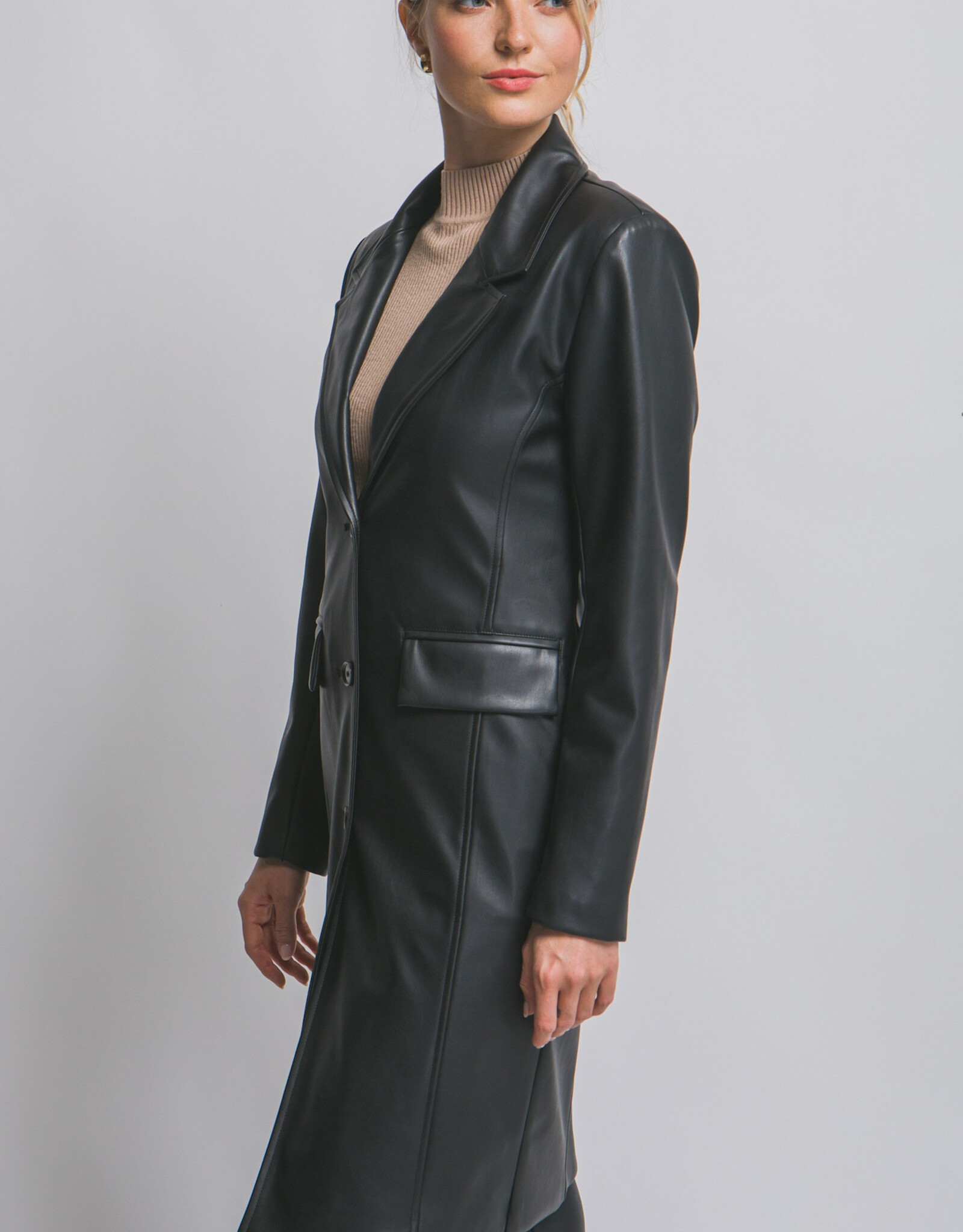 Miss Bliss LT Faux Leather Longline Coat-Black