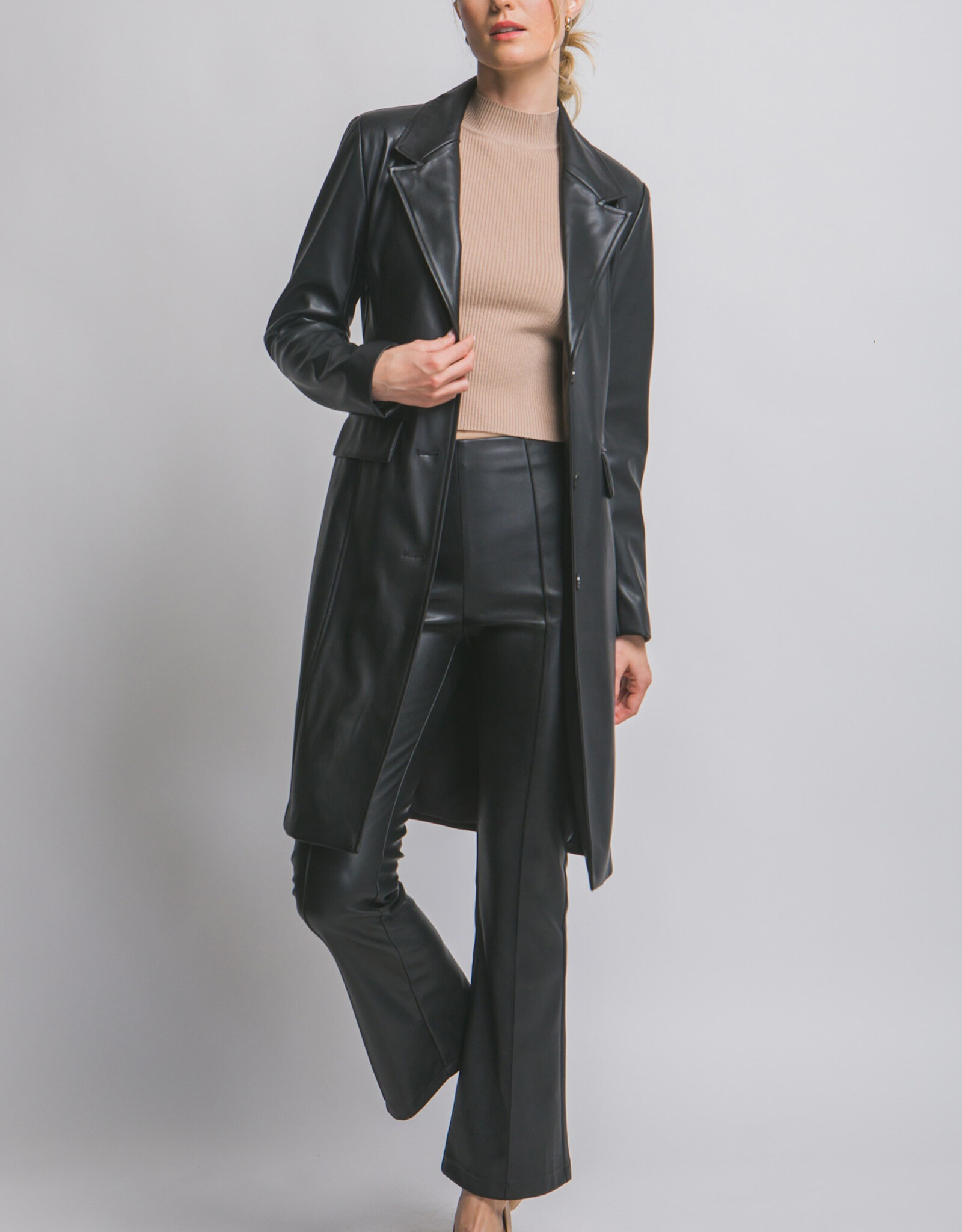 Miss Bliss LT Faux Leather Longline Coat-Black