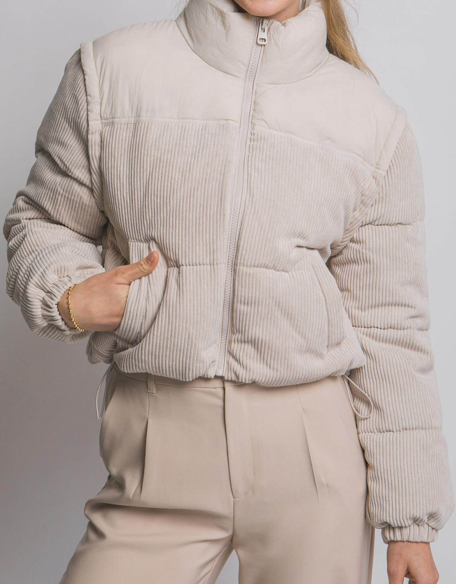 Miss Bliss LT Corduroy Puffer Jacket W/ Drawstrings-Cream