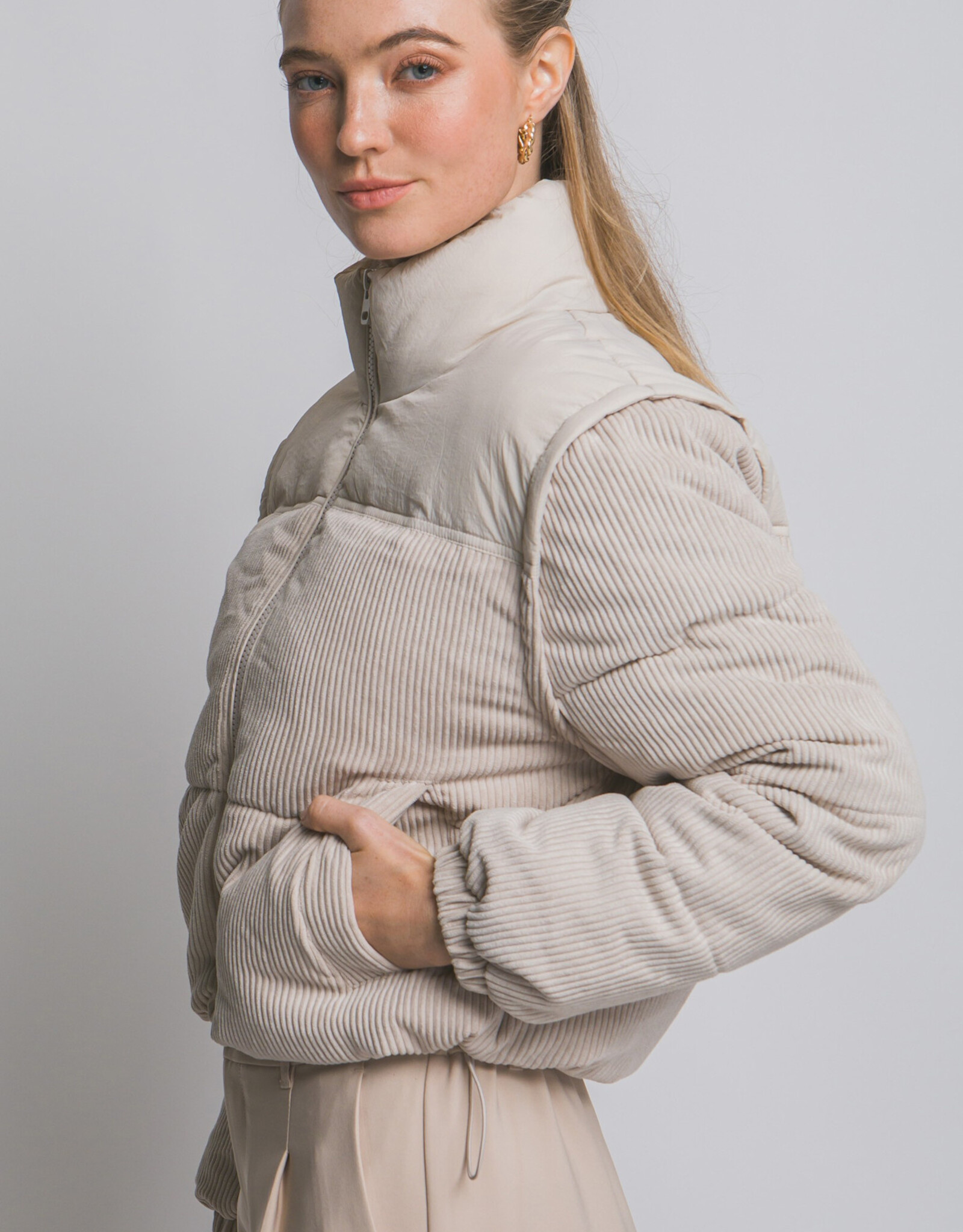 Miss Bliss LT Corduroy Puffer Jacket W/ Drawstrings-Cream