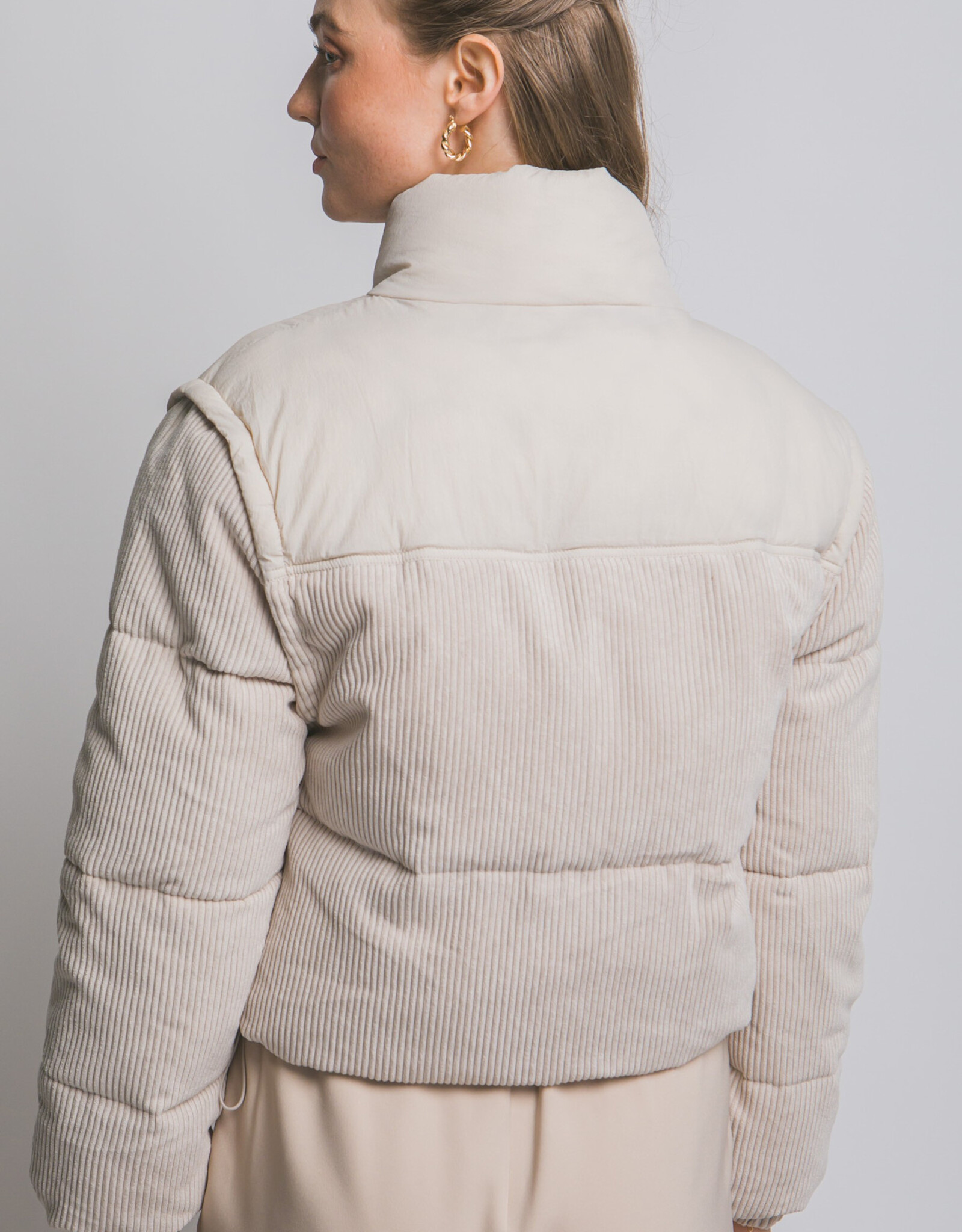 Miss Bliss LT Corduroy Puffer Jacket W/ Drawstrings-Cream