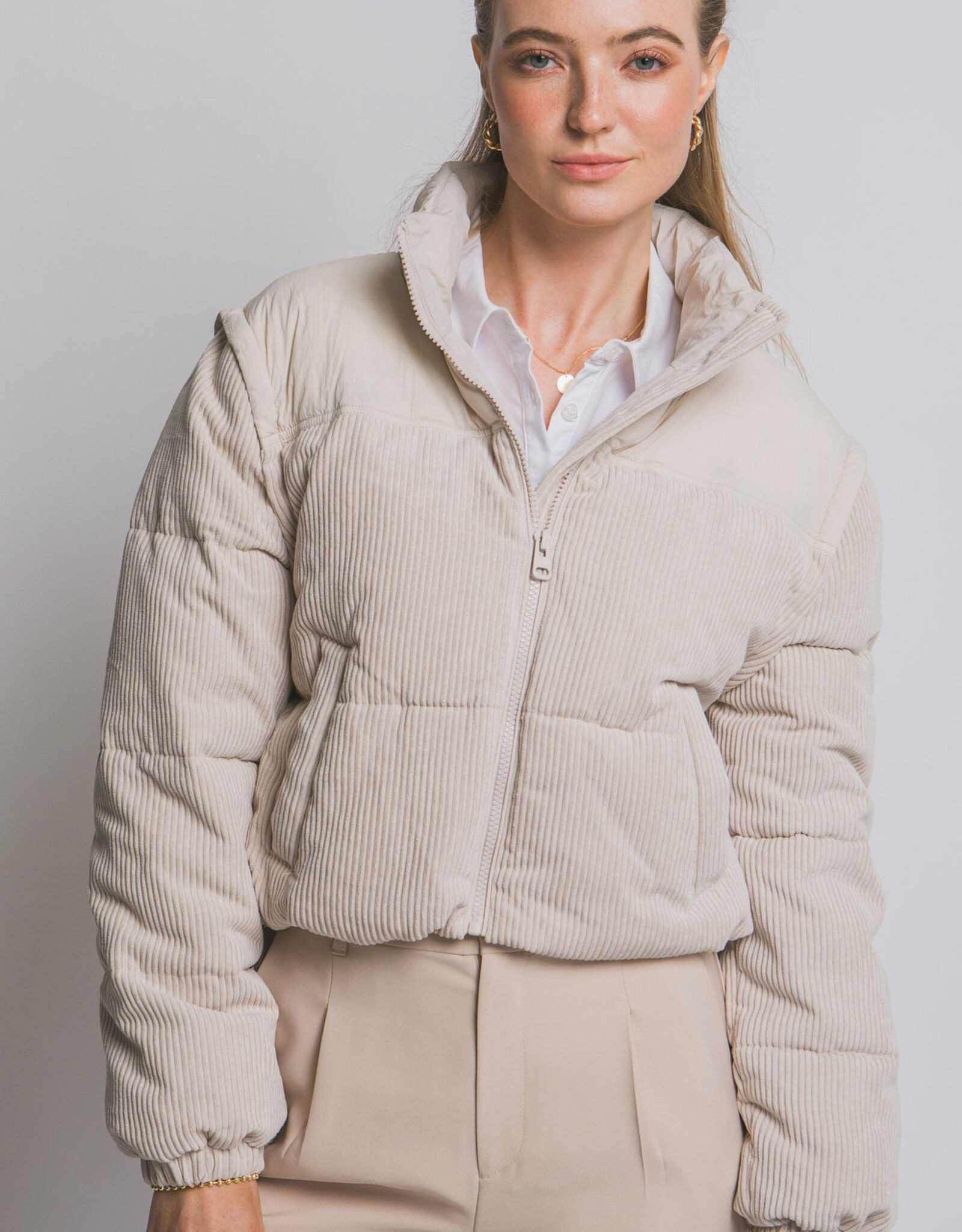 Miss Bliss LT Corduroy Puffer Jacket W/ Drawstrings-Cream