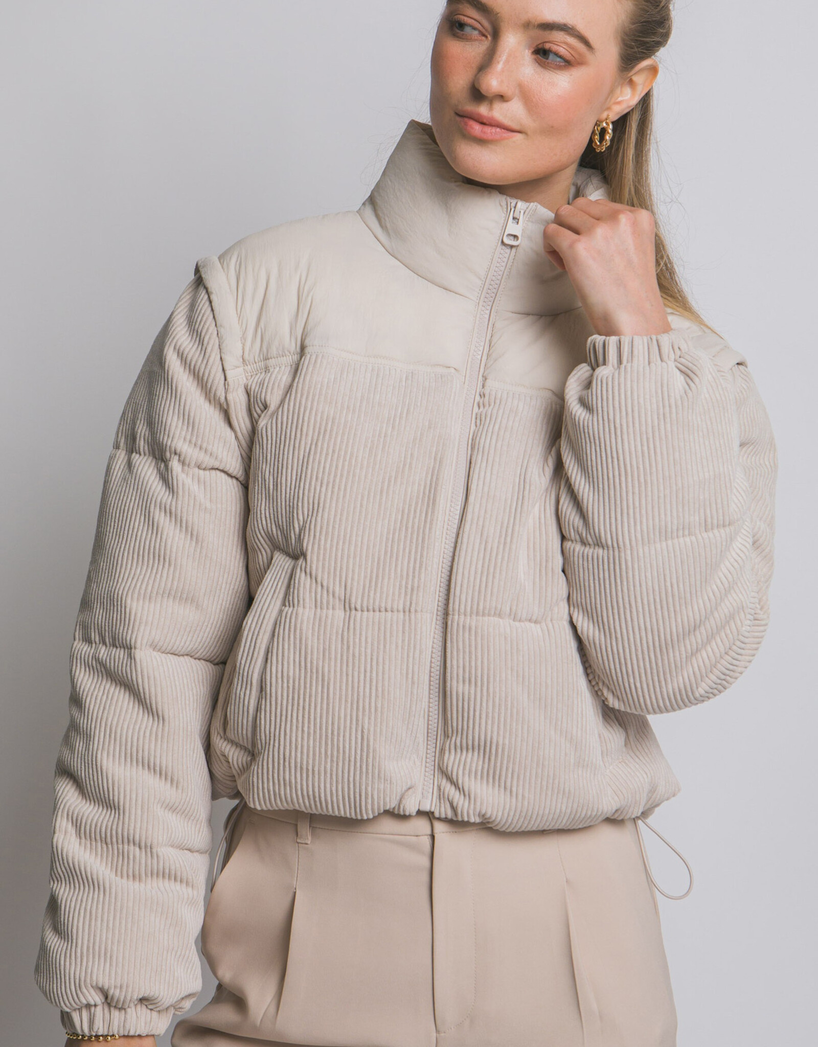 Miss Bliss LT Corduroy Puffer Jacket W/ Drawstrings-Cream