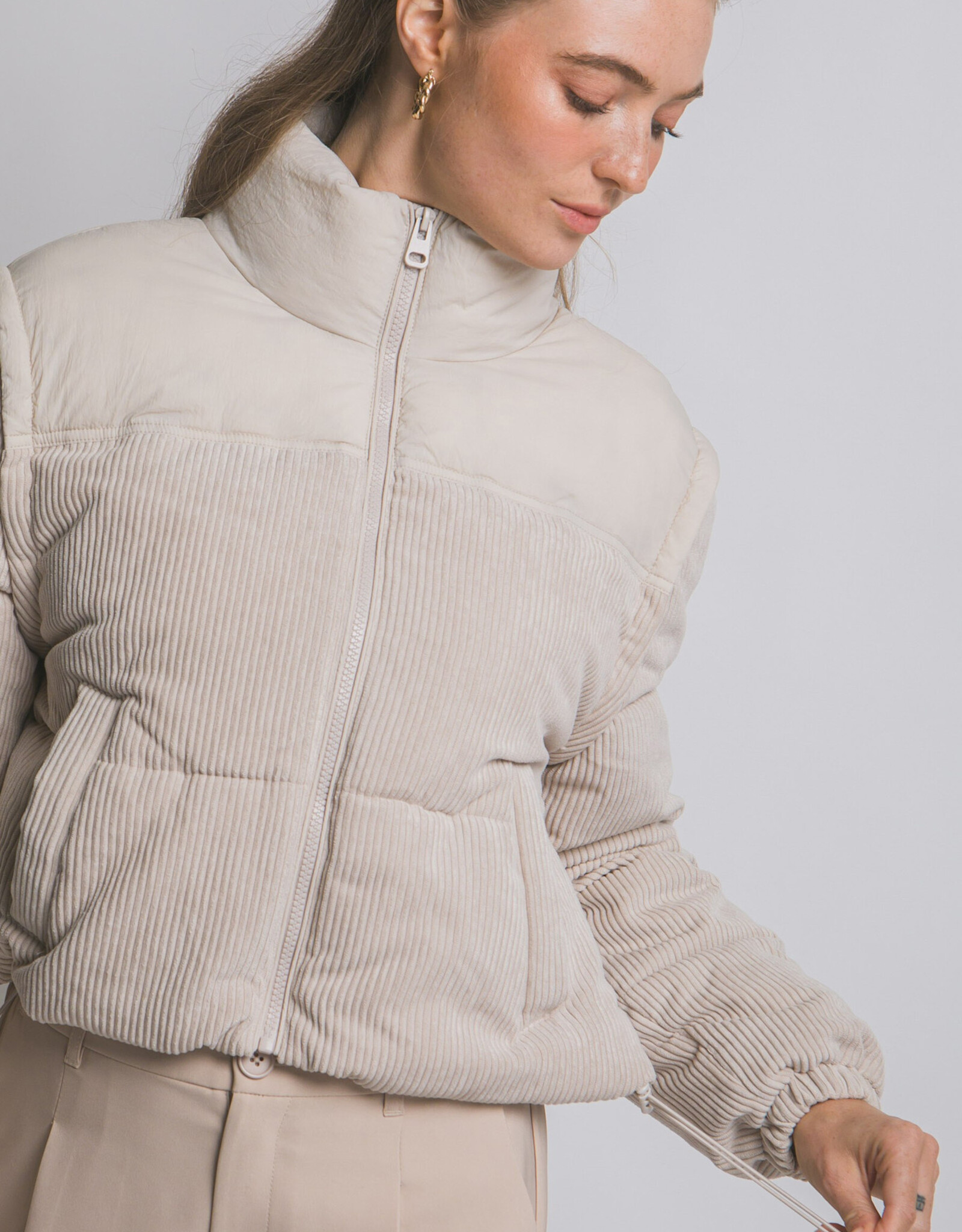 Miss Bliss LT Corduroy Puffer Jacket W/ Drawstrings-Cream