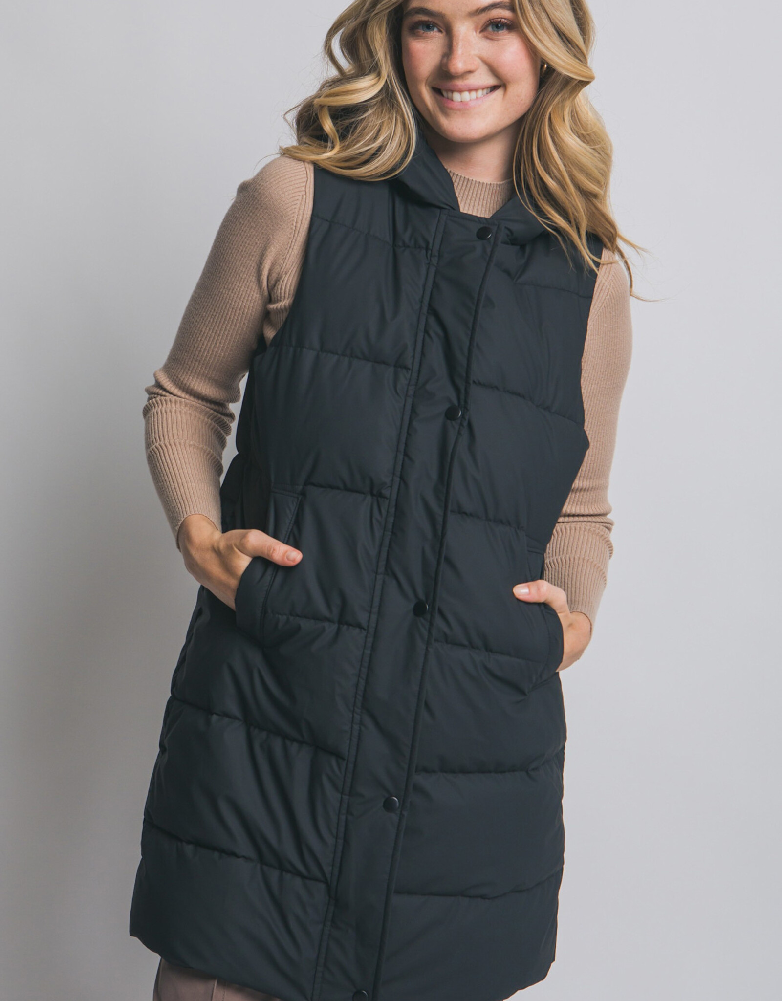 Miss Bliss LT Hooded Long Quilted Puffer Vest-Black