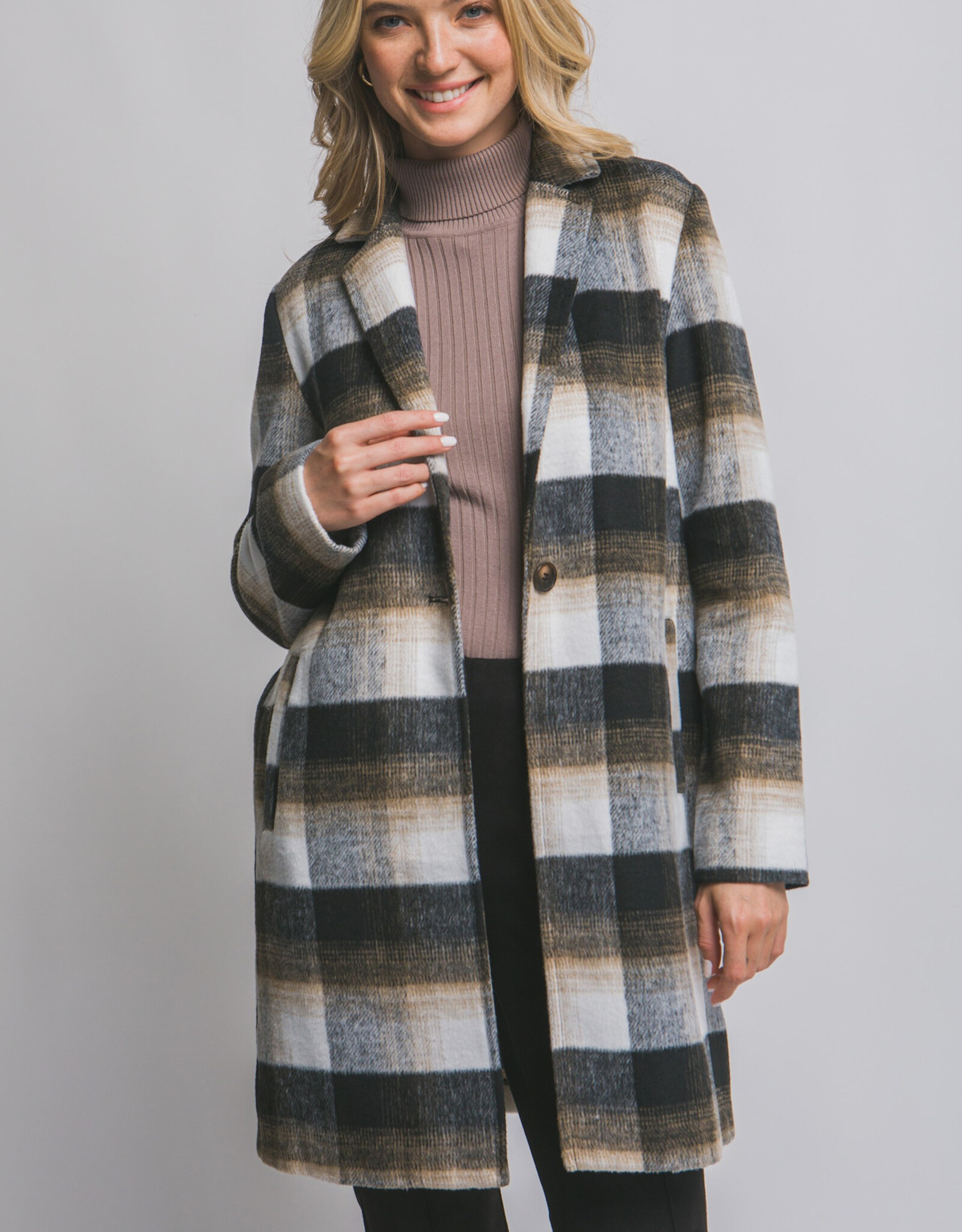 Miss Bliss LT Long Sleeve Plaid Coat-Black
