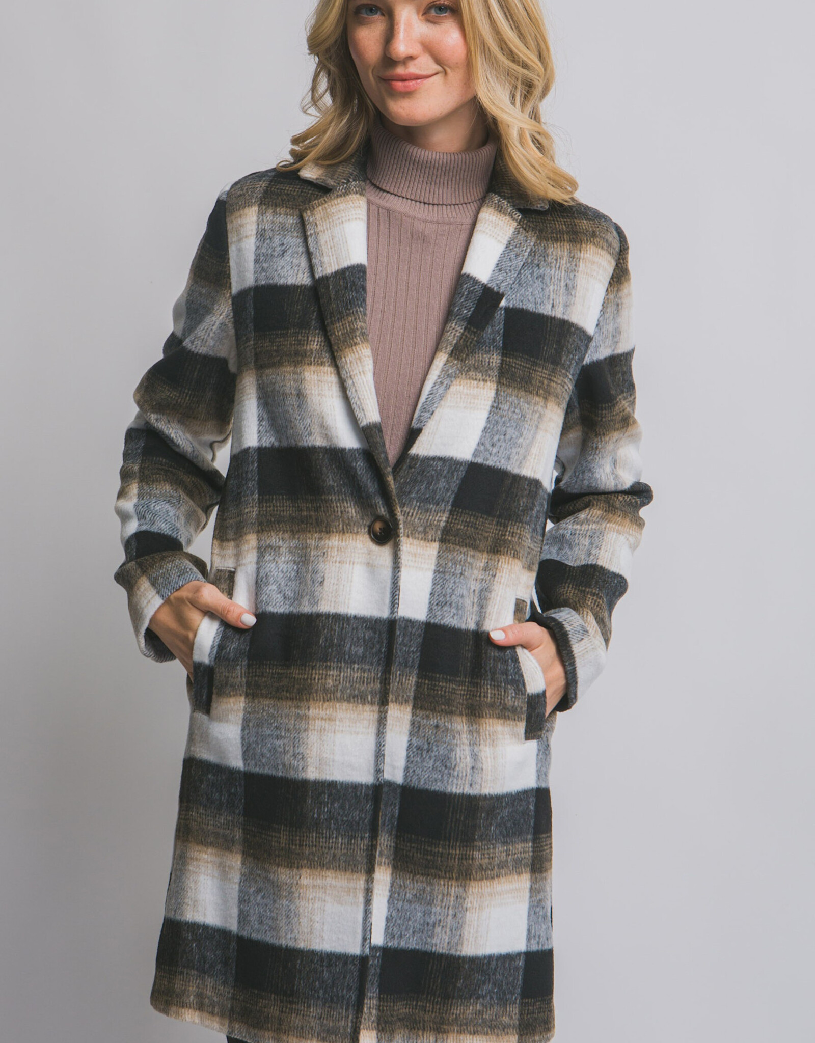 Miss Bliss LT Long Sleeve Plaid Coat-Black