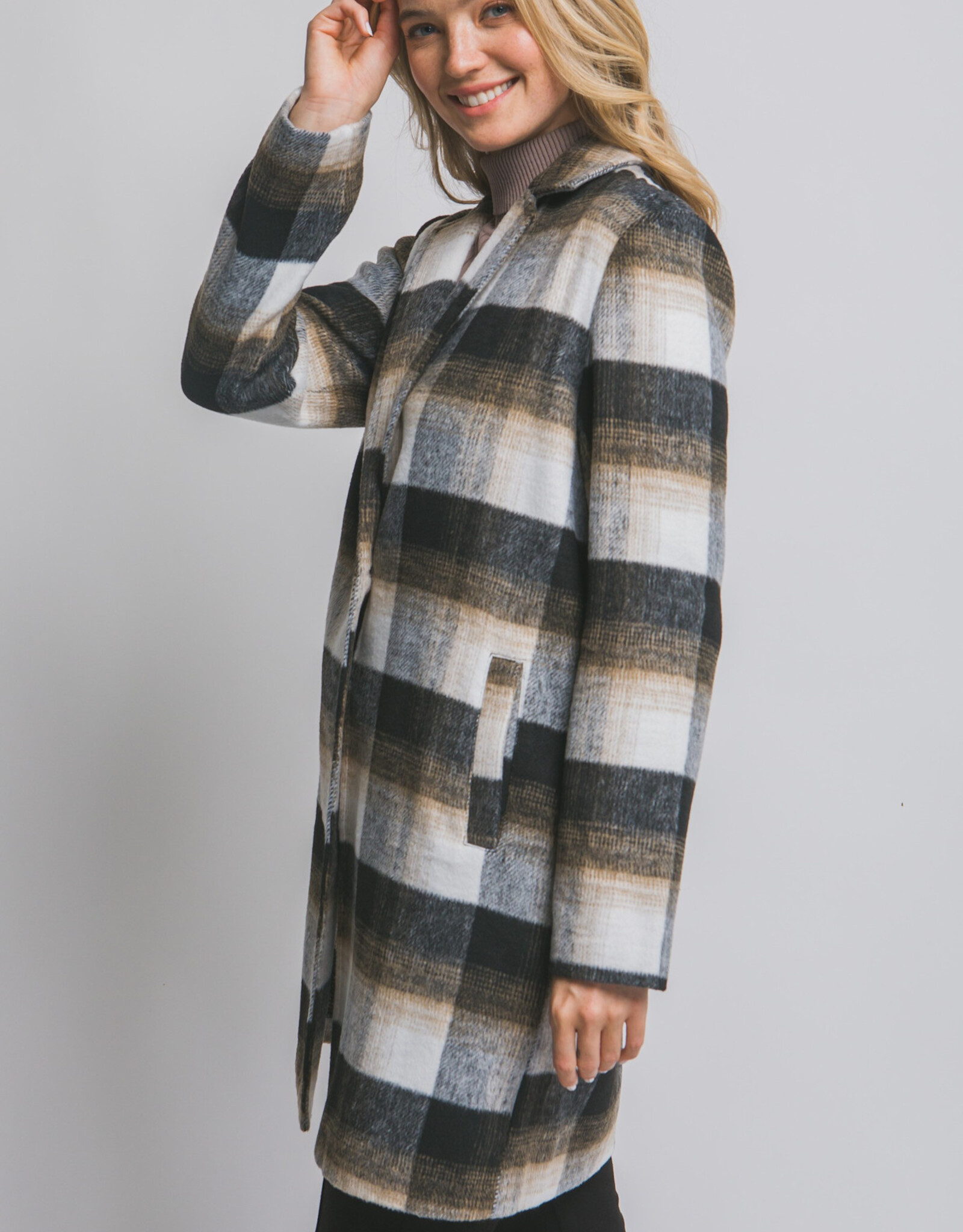 Miss Bliss LT Long Sleeve Plaid Coat-Black