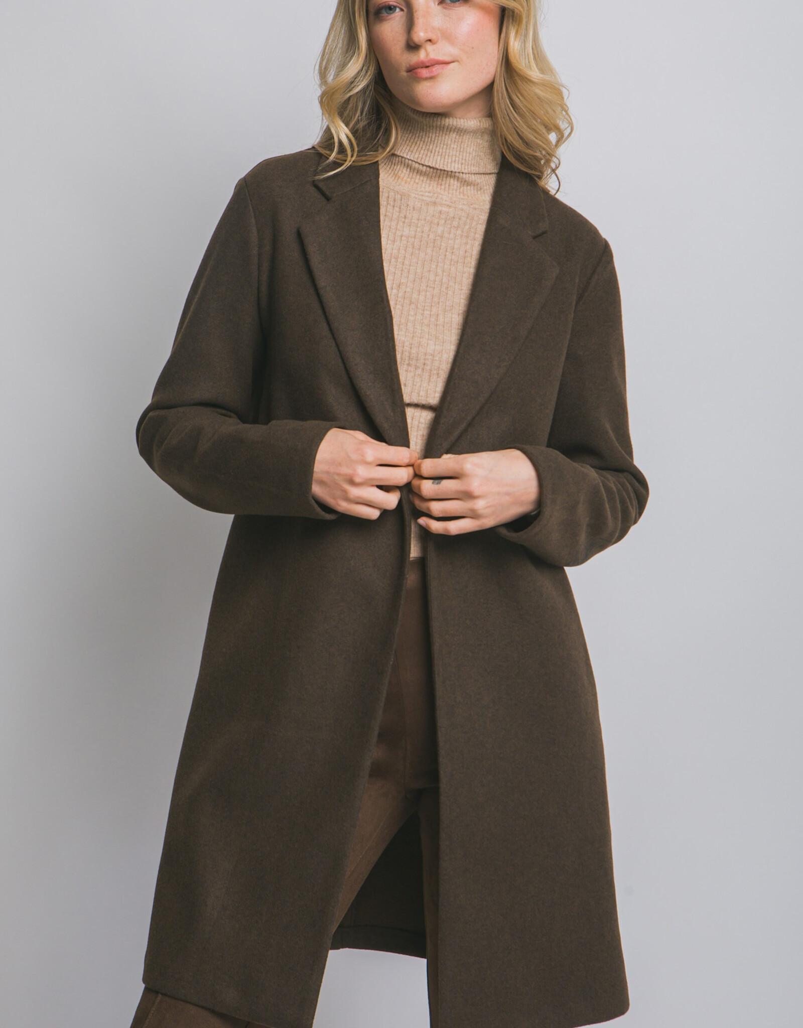 Miss Bliss LT Long Line Fleece Open Coat-Espresso