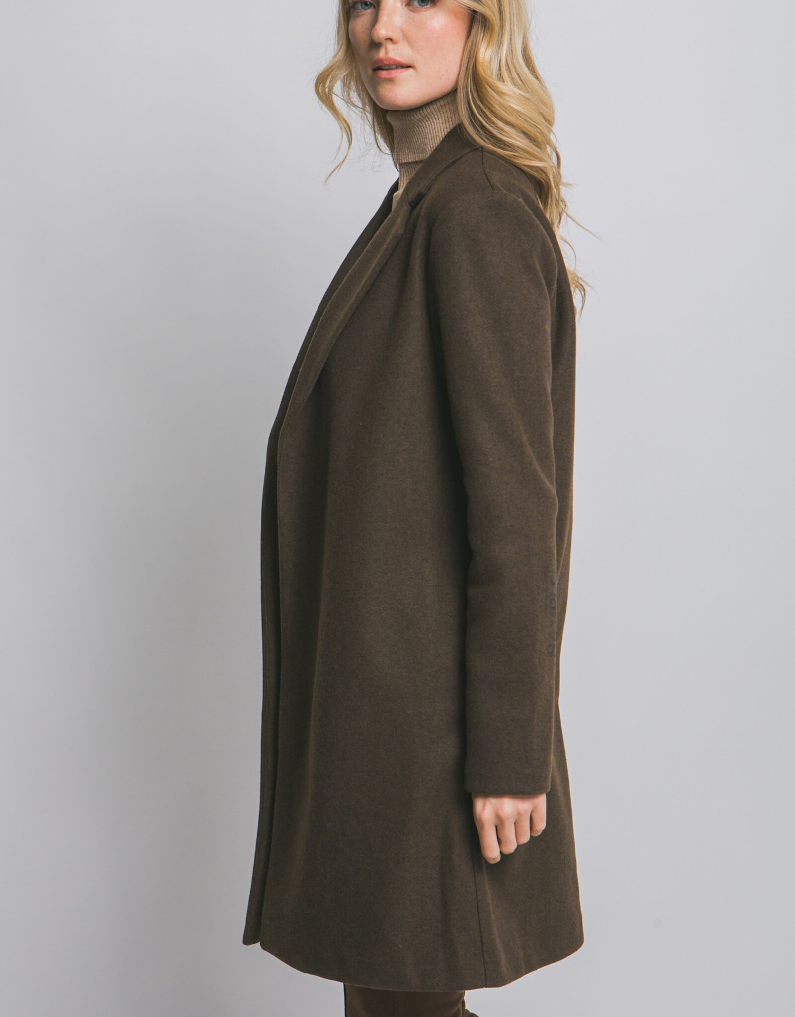 Miss Bliss LT Long Line Fleece Open Coat-Espresso