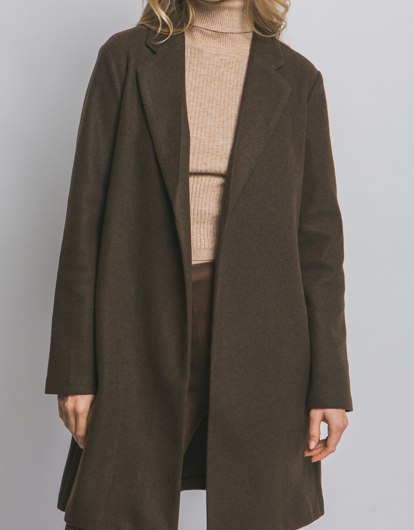 Miss Bliss LT Long Line Fleece Open Coat-Espresso