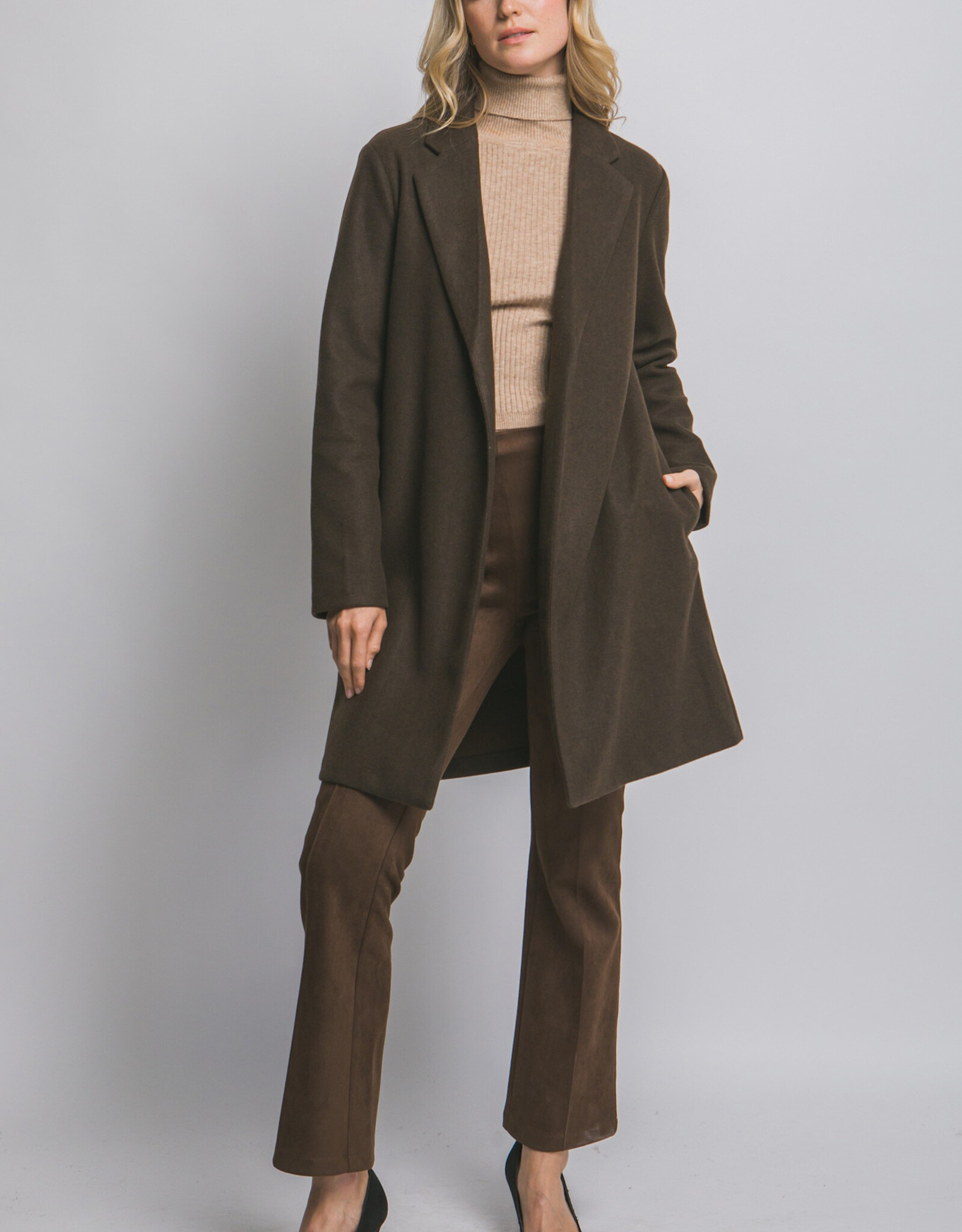Miss Bliss LT Long Line Fleece Open Coat-Espresso