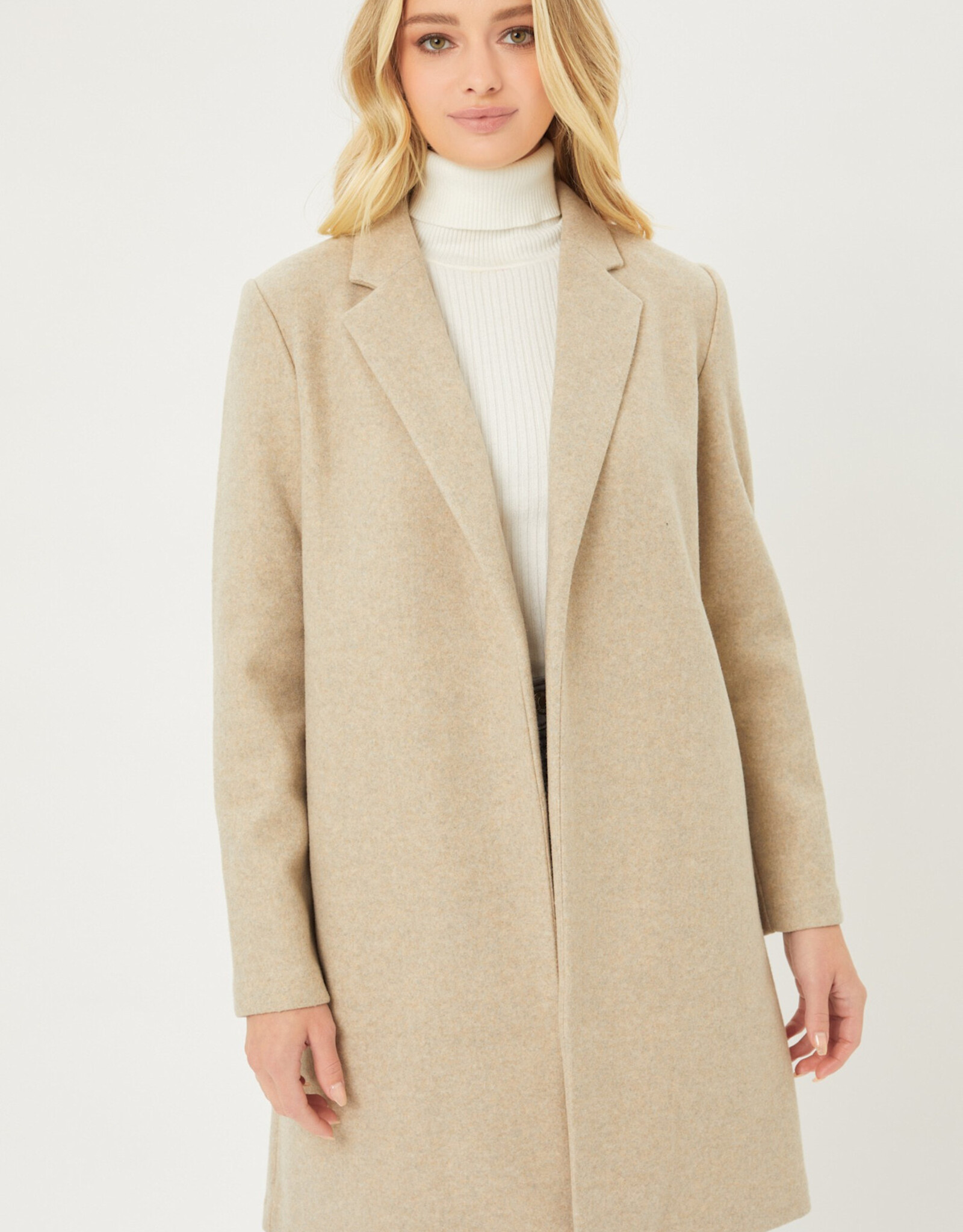 Miss Bliss LT Long Line Fleece Open Coat-Oatmeal