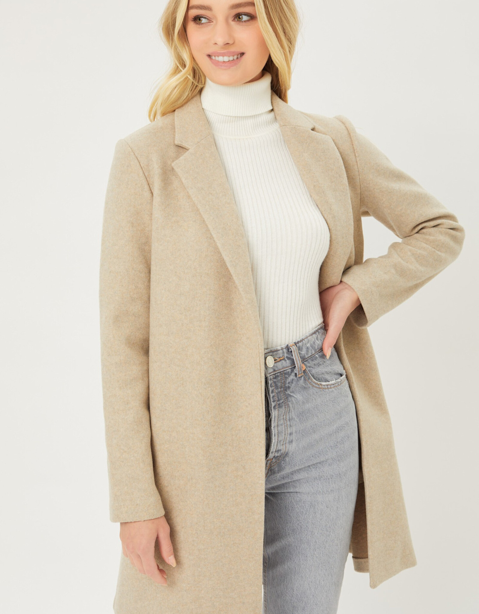 Miss Bliss LT Long Line Fleece Open Coat-Oatmeal