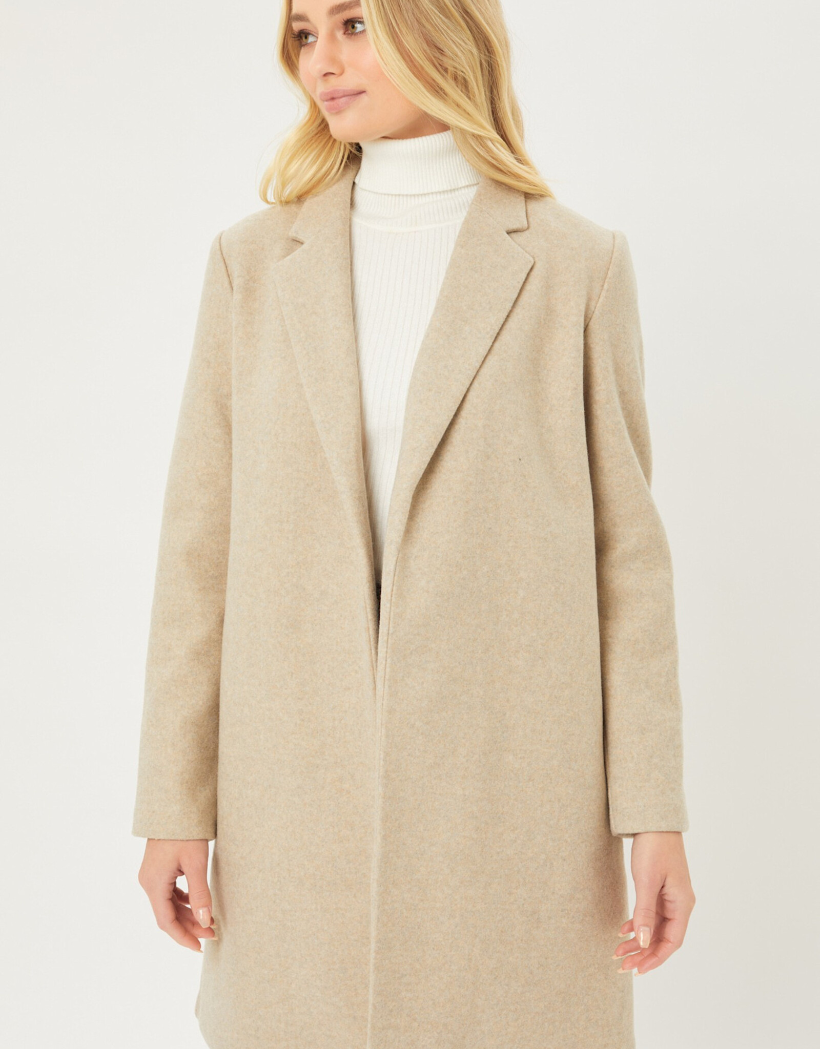 Miss Bliss LT Long Line Fleece Open Coat-Oatmeal