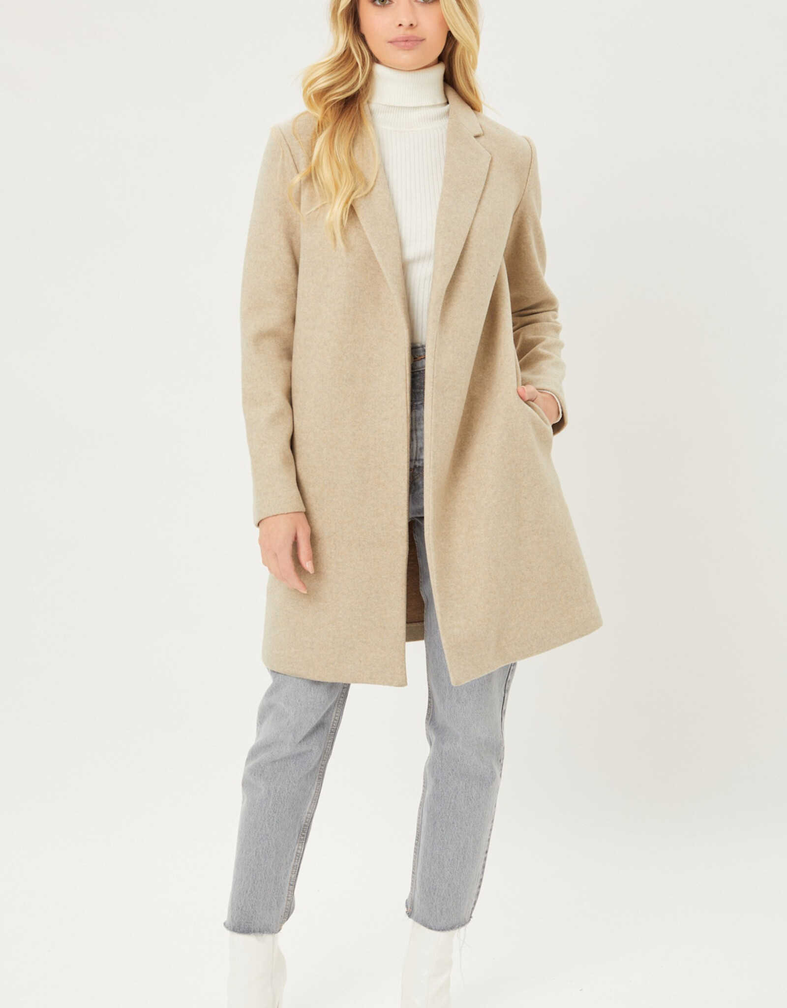 Miss Bliss LT Long Line Fleece Open Coat-Oatmeal