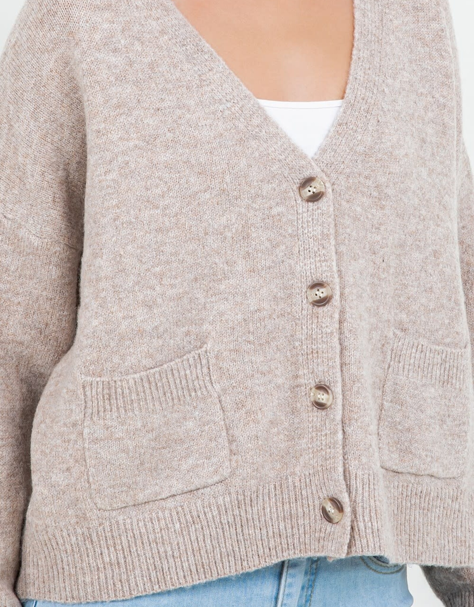 Miss Bliss Dream V Neck Relaxed Button Cardigan W Pockets-Mocha