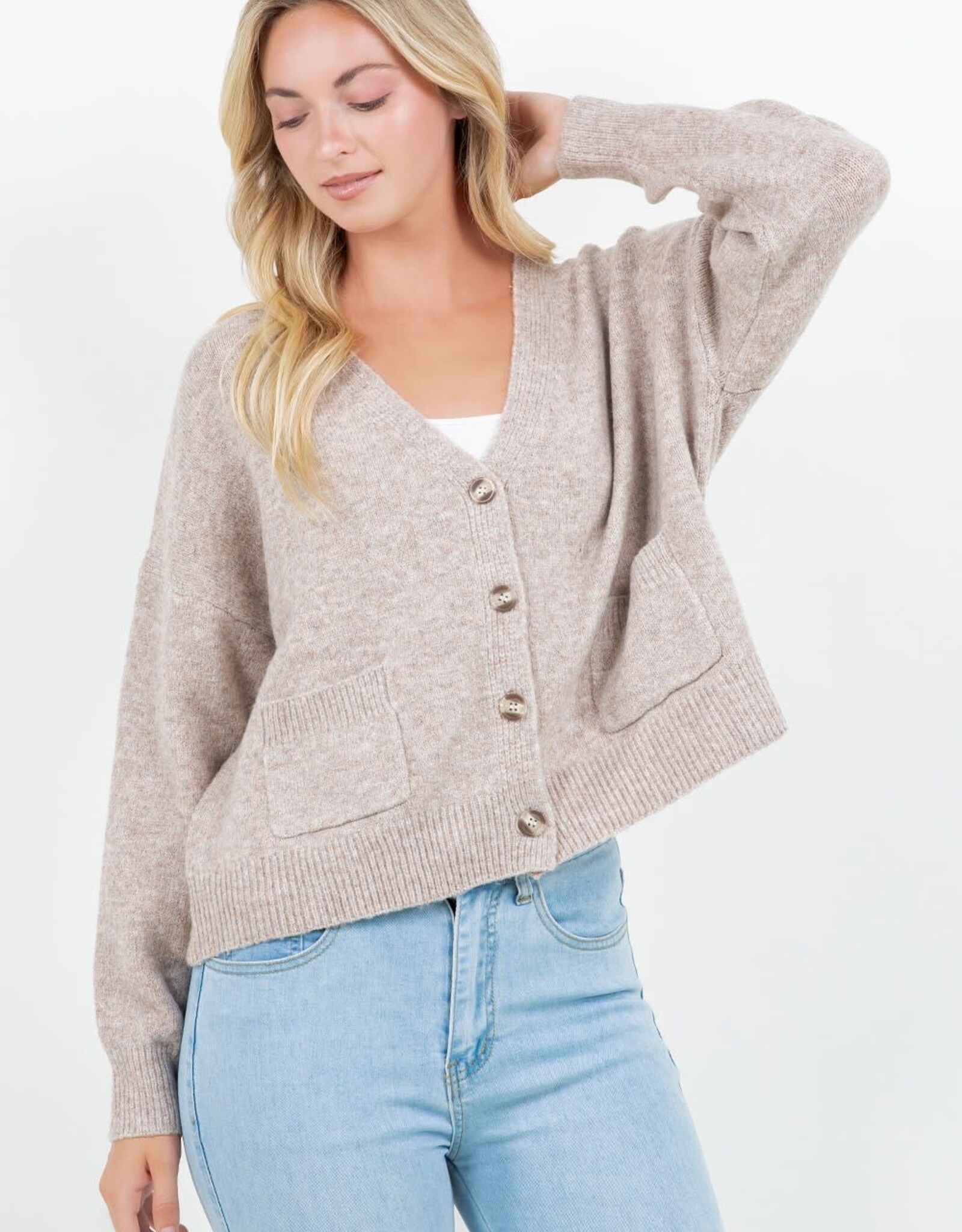 Miss Bliss Dream V Neck Relaxed Button Cardigan W Pockets-Mocha
