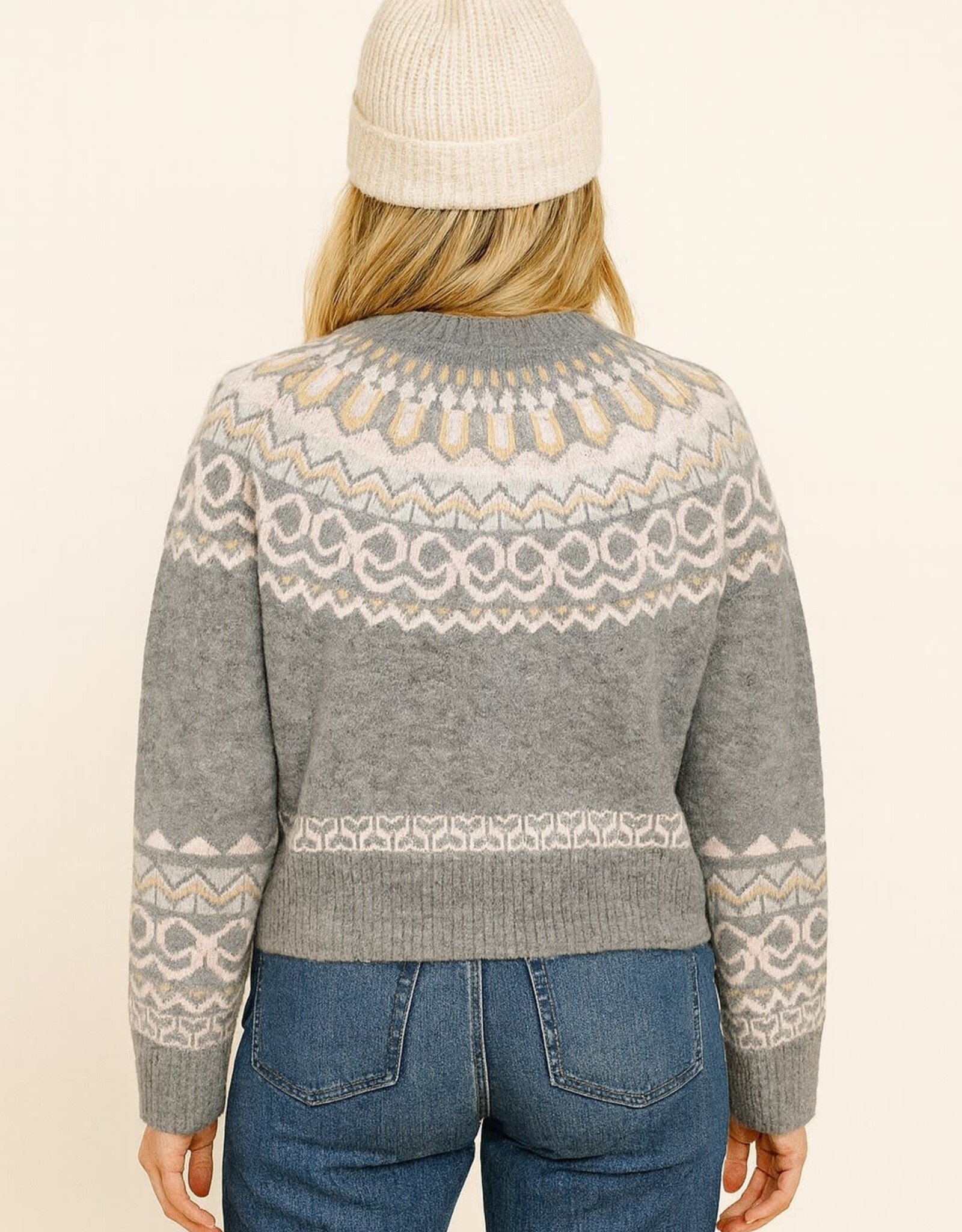 Miss Bliss Dream Fair Isle Yoke Cardigan-Grey