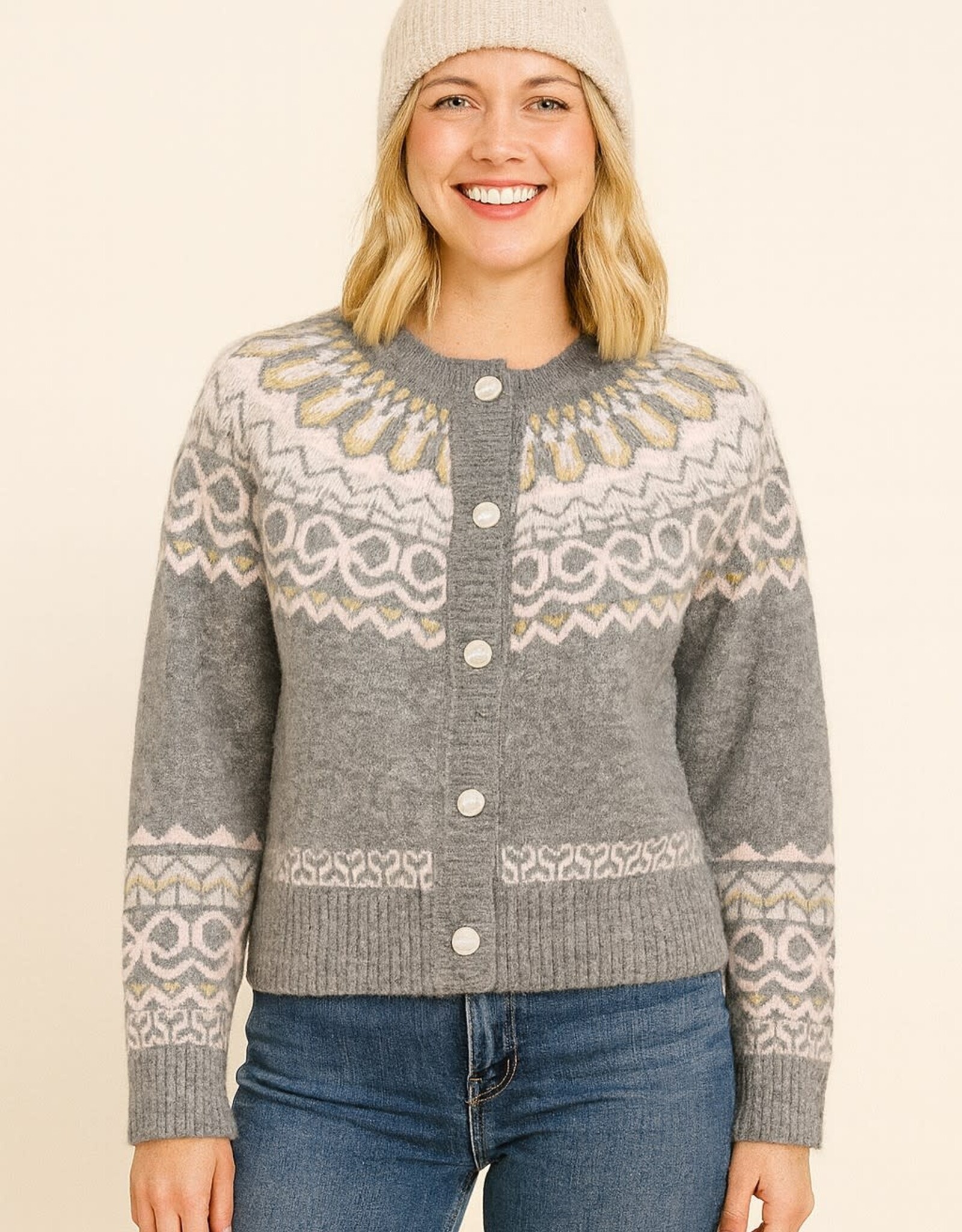 Miss Bliss Dream Fair Isle Yoke Cardigan-Grey