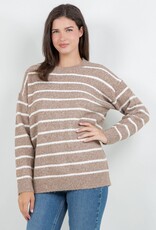 Miss Bliss Dream Fuzzy Striped Crew Sweater-Mocha