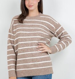 Miss Bliss Dreamers Fuzzy Striped Crew Sweater-Mocha