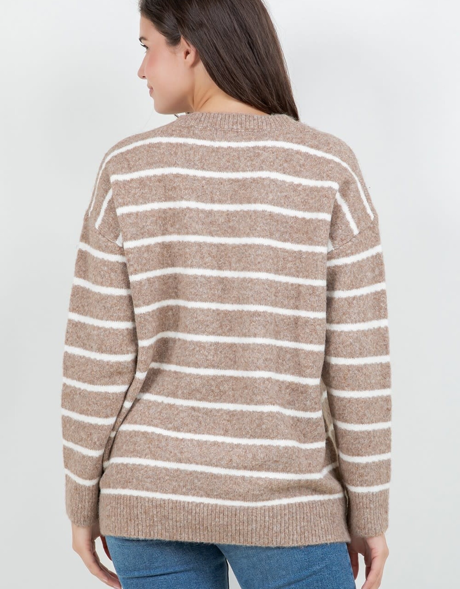Miss Bliss Dream Fuzzy Striped Crew Sweater-Mocha