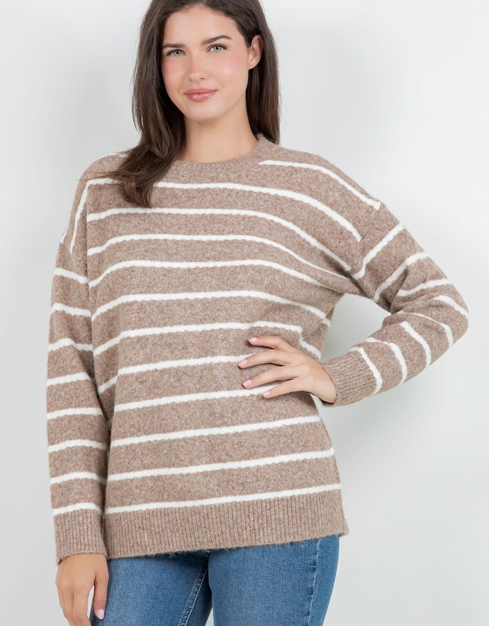 Miss Bliss Dream Fuzzy Striped Crew Sweater-Mocha