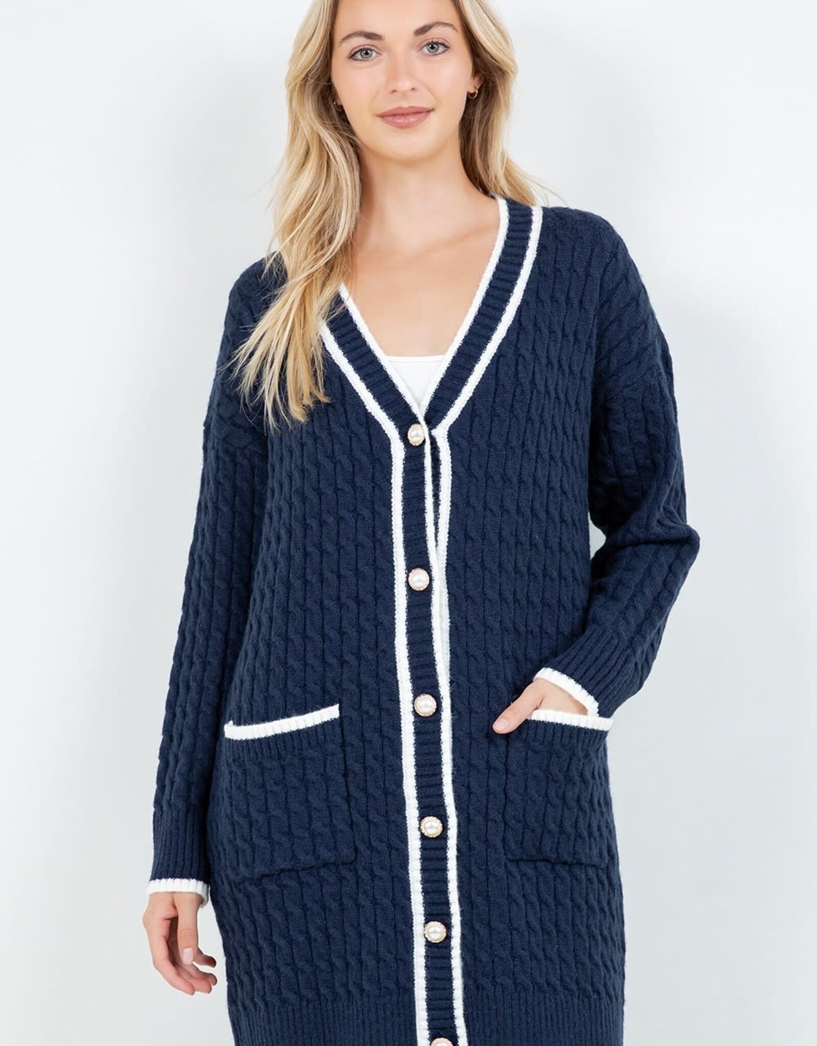 Miss Bliss Dream Embroidered Long Button Up Cardigan-Navy/Iv