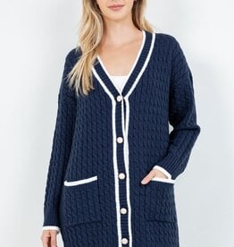 Miss Bliss Dreamers Embroidered Long Button Up Cardigan-Navy/Iv