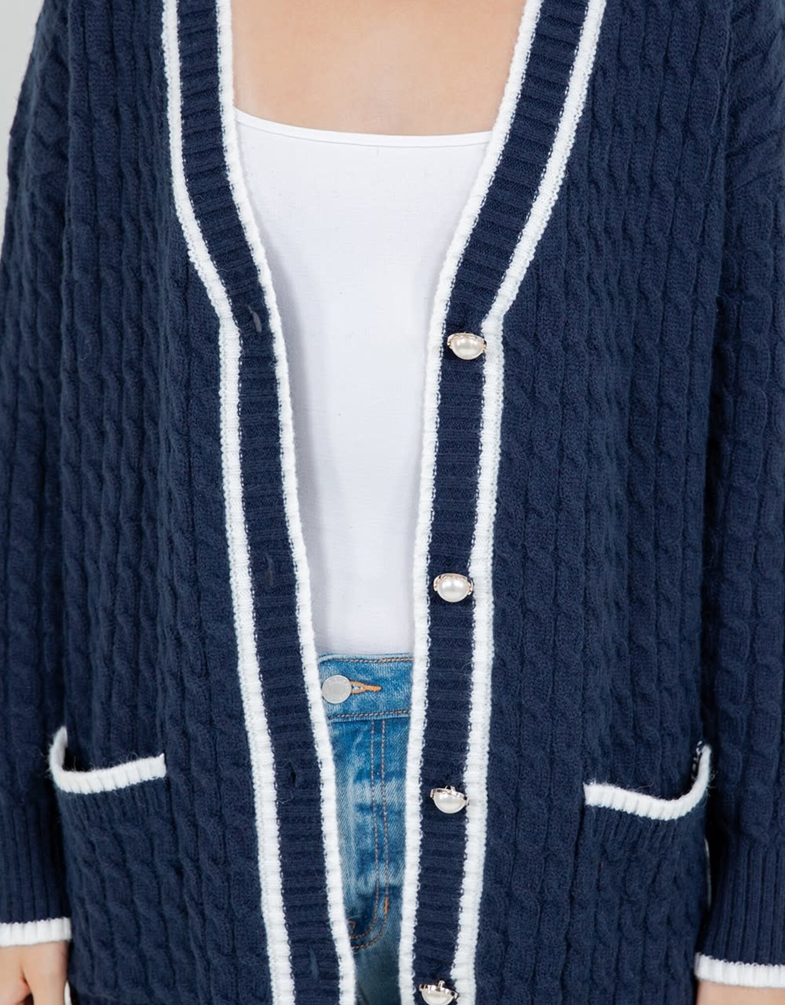 Miss Bliss Dream Embroidered Long Button Up Cardigan-Navy/Iv