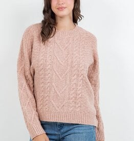 Miss Bliss Dreamers Classic Cable Knit Pullover Sweater-Pink