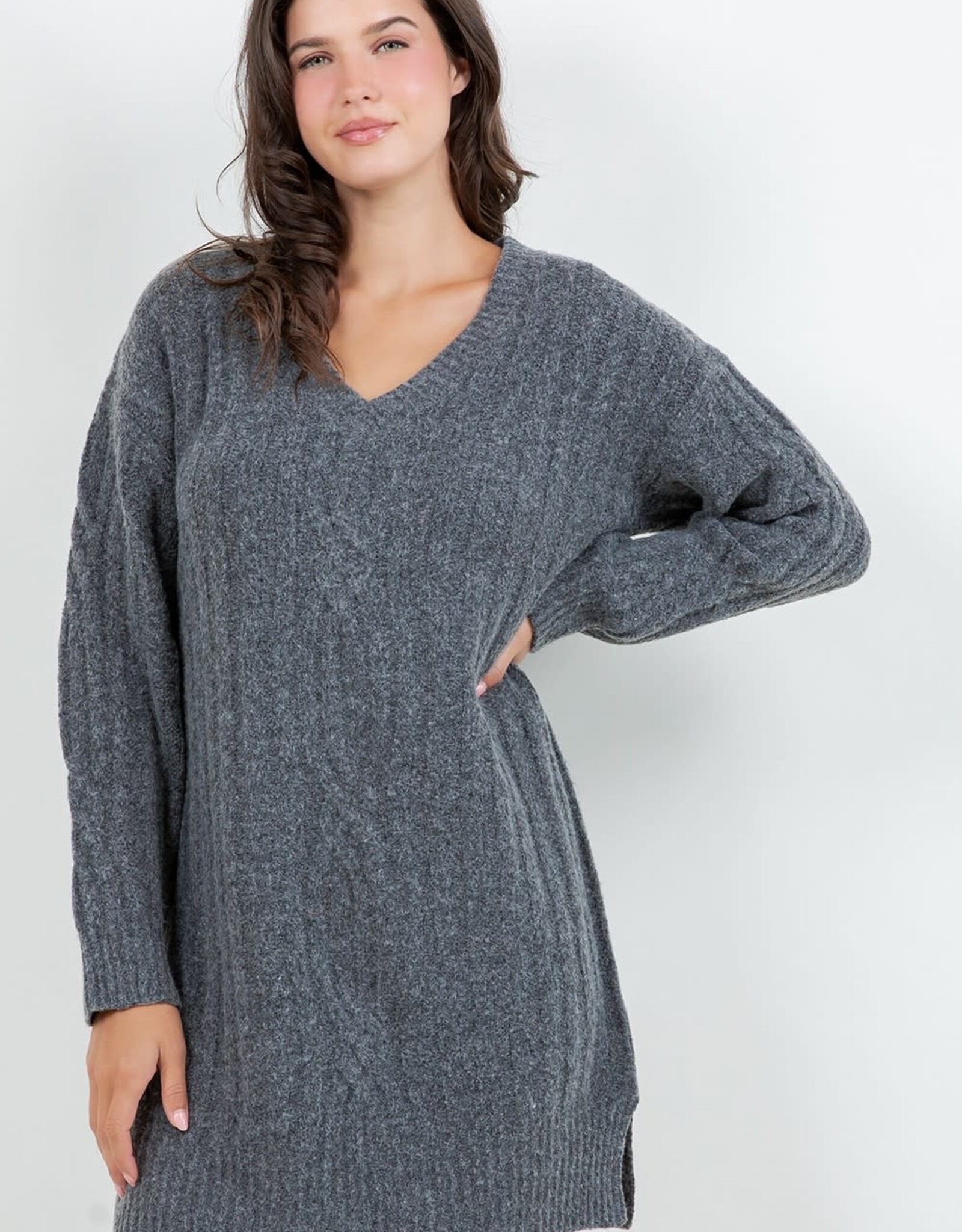 Miss Bliss Dream V Neck Rib Cable Knit Sweater Dress-Charcoal